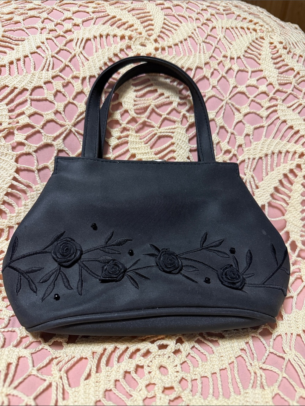 Classic Black Floral Appliqué Women’s Handbag